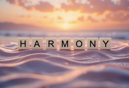 A serene beach scene at sunset featuring letter blocks that spell "harmony" on the sandy shore, symbolizing peace and tranquility in nature.の素材