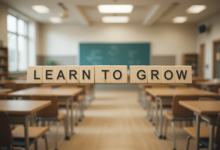 A motivational classroom scene featuring wooden blocks spelling "Learn to Grow," symbolizing education and personal development in a modern school environment.の素材