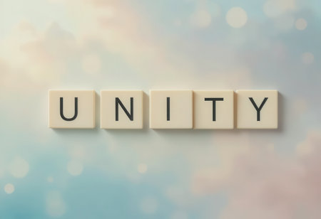 This image showcases the word "Unity" formed by letter tiles set against a soft abstract background, symbolizing togetherness and collaboration in a peaceful atmosphere.の素材