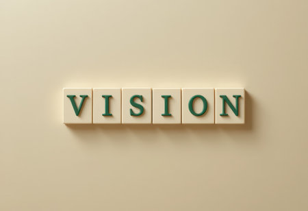A creative representation of the word "VISION" using letter blocks on a soft, neutral background. This image symbolizes inspiration and forward-thinking ideas.の素材
