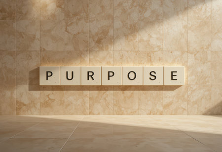 This image features the word "PURPOSE" prominently displayed with decorative tiles on a textured wall, conveying a message of motivation and inspiration in any interior space.の素材