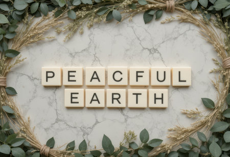 An artistic representation of the phrase 'Peaceful Earth,' arranged on a marble surface with greenery. This image radiates tranquility and positivity, ideal for themes of nature and mindfulness.の素材