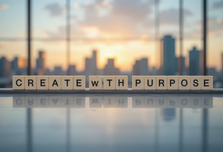A serene urban sunset scene featuring wooden letters spelling "Create with Purpose". This image embodies creativity and motivation in a modern city environment.の素材