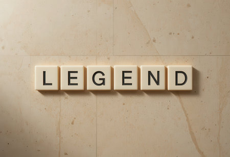 This image features word tiles spelling the term 'legend' arranged on a smooth, textured stone surface, perfect for conveying creativity and inspiration.の素材