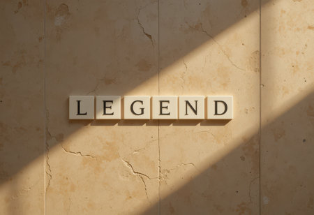 A captivating arrangement of letter tiles spelling "LEGEND" set against a sleek surface, enhanced by warm shadows and soft light, embodying minimalistic elegance.の素材