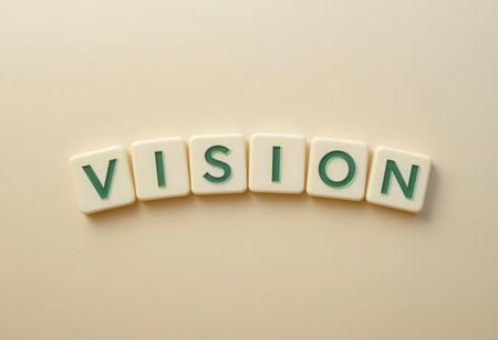 Creative representation of the word "Vision" in green letters on a cream background. Perfect for themes of inspiration, motivation, and success in various projects.の素材
