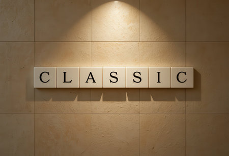 This image features a sophisticated wall display with the word "CLASSIC" in elegant tiles, creating an inviting and modern atmosphere perfect for home decor.の素材