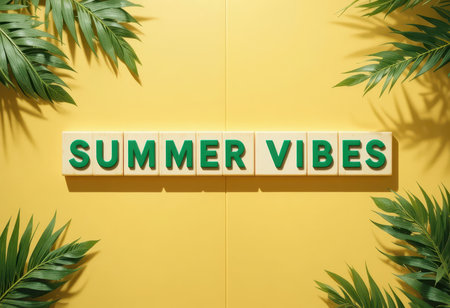 A vibrant display of the phrase "SUMMER VIBES" set against a yellow background with lush green leaves. Perfect for a cheerful summer-themed project or decor.の素材