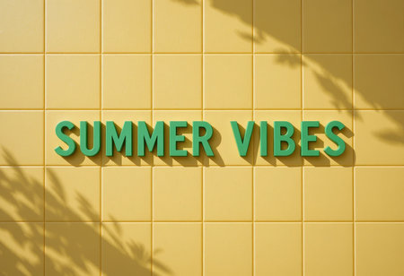A vibrant yellow wall adorned with the text "Summer Vibes," exuding warmth and positivity. The playful typography creates a cheerful atmosphere perfect for seasonal dの素材