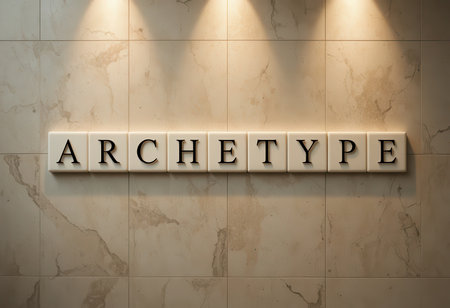 This image features stylish alphabet tiles displaying the word "ARchetype" against a sleek beige wall. Ideal for modern design or architectural concepts.の素材