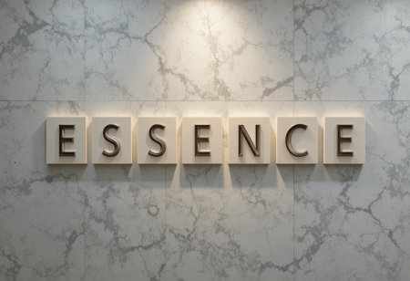 A stylish presentation of the word 'ESSENCE' on a marble wall, highlighting modern interior design features with elegant lighting and a contemporary aesthetic.の素材