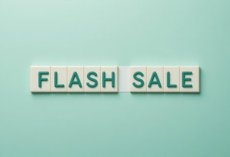 Engaging image featuring the text "Flash Sale" displayed on mint green tiles. Perfect for advertising promotions, discounts, and seasonal sales.の素材