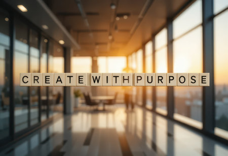 A serene modern office features the phrase "Create with Purpose," bathed in warm sunset light. The inviting atmosphere promotes creativity and productivity in a stylish workspace.の素材