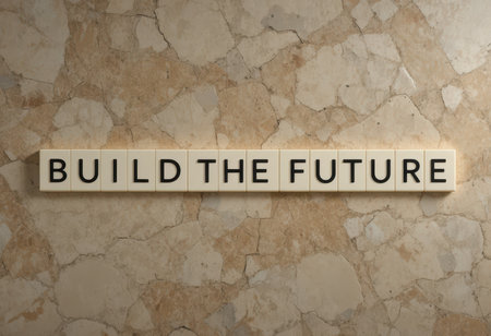 The image features the motivational phrase "Build the Future" displayed prominently on a textured stone background, symbolizing creativity and inspiration for personal and professional growth.の素材