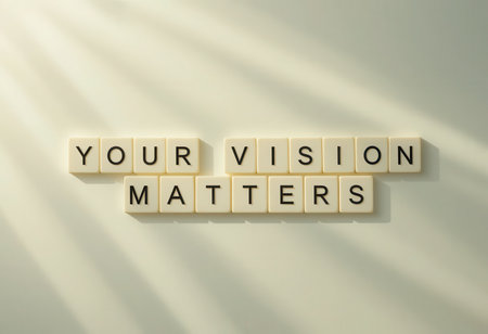 A visually striking image featuring the phrase "Your Vision Matters" displayed in simple tiles, illuminated by soft light. Ideal for motivational content.の素材