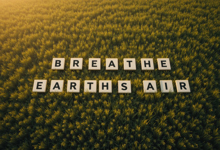 This captivating image features the inspirational phrase "Breathe Earth's Air" displayed on a grassy field during sunset, promoting a connection with nature.の素材