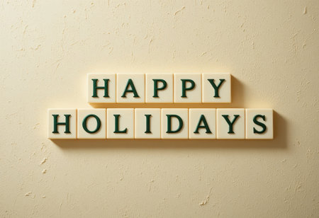 A vibrant display of letter tiles spelling "Happy Holidays" against a neutral wall, perfect for seasonal decor inspiration and festive greetings.の素材