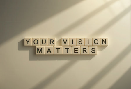 A creative arrangement of letter blocks on a wall, casting engaging shadows from sunlight. This inspirational message encourages personal vision and motivation.の素材