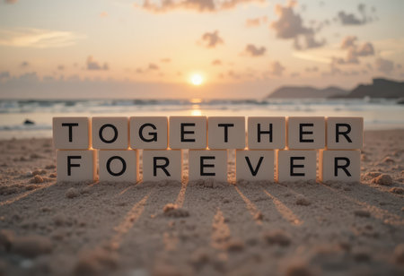 Charming scene of the words "Together Forever" on sandy beach during sunset. This image captures a romantic mood, perfect for love-themed projects.の素材