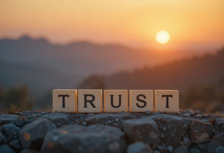 A serene sunset scene featuring wooden blocks spelling the word "TRUST" against a blurred mountain backdrop. This image captures the essence of trust and tranquility, ideal for motivational themes.の素材