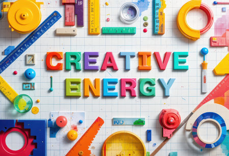 Vibrant display of colorful letters spelling "Creative Energy" surrounded by various stationery and tools, symbolizing inspiration and innovation in design and art.の素材