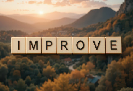 This image captures the word "IMPROVE" using wooden blocks, set against a stunning sunset landscape. Ideal for themes of growth and motivation.の素材