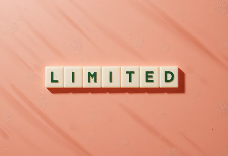 This image features letter tiles arranged to spell "LIMITED" against a soft pink background, creating a unique and creative flat lay ideal for marketing and advertising purposes.の素材