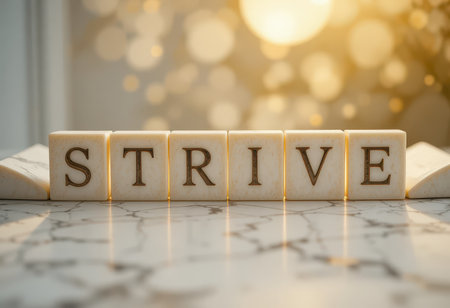 A close-up view of decorative blocks displaying the word "STRIVE" against a soft bokeh background, symbolizing motivation and ambition in personal growth and success.の素材