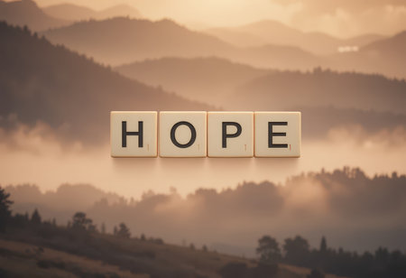 A serene image featuring the word "HOPE" formed with letter tiles, set against a misty mountain landscape. This inspiring scene conveys optimism and tranquility.の素材