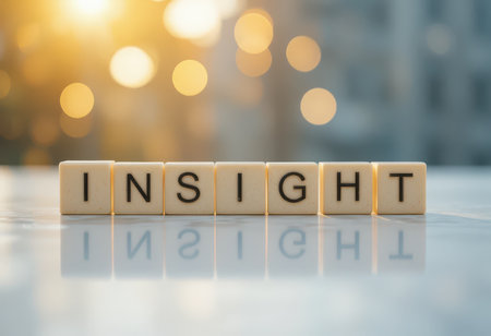 A close-up view of wooden blocks spelling "INSIGHT" against a softly blurred background with warm lights, symbolizing clarity, perspective, and inspiration in personal growth.の素材