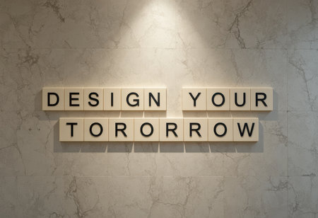 This image showcases a motivational phrase "DESIGN YOUR TOMORROW" arranged artistically on a wall. Ideal for uplifting spaces, it emphasizes creativity and future potential.の素材