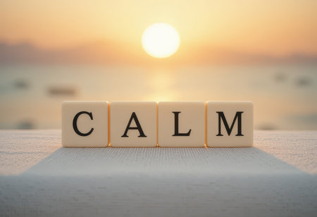 A peaceful scene featuring letter blocks spelling "CALM" against a soft sunset backdrop. The gentle colors evoke tranquility and mindfulness for a relaxing atmosphere.の素材
