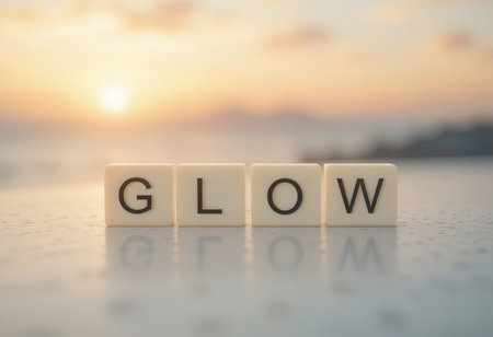 This image features the word "GLOW" in bold letters against a stunning sunset backdrop, creating a serene and inspirational atmosphere perfect for various creative projects.の素材
