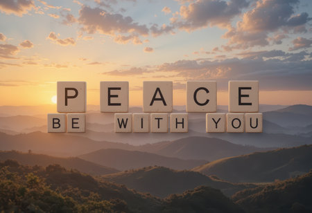 A captivating sunset over a mountainous landscape with wooden blocks spelling "PEACE BE WITH YOU," creating a serene and inspirational atmosphere perfect for promoting harmony and tranquility.の素材