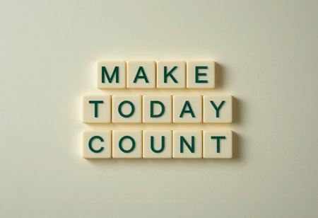 A visually appealing arrangement of letters spelling "MAKE TODAY COUNT" against a light background. Perfect for themes of motivation and personal growth.の素材