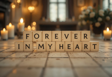 A touching arrangement of wooden blocks spelling "Forever in my heart" surrounded by soft candlelight in a cozy interior, symbolizing love and remembrance.の素材