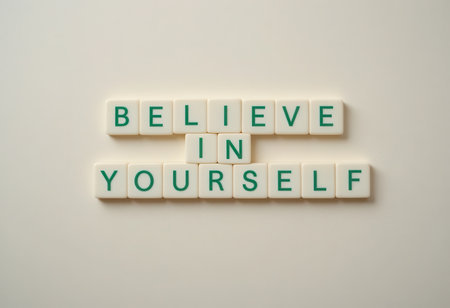 A serene image showcasing letter tiles spelling the phrase "Believe in Yourself," serving as a motivational reminder for personal growth and positivity.の素材