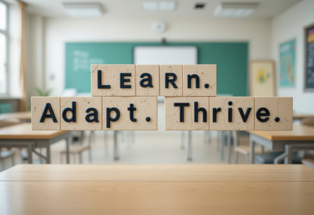 A bright classroom displays wooden blocks with the words "Learn, Adapt, Thrive." This setting illustrates a positive educational environment focused on growth and inspiration.の素材