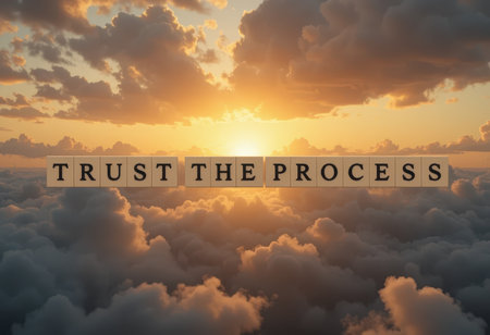 Beautiful sunset illuminates fluffy clouds while showing the inspiring phrase "Trust the Process." A perfect image for motivation and positivity.の素材