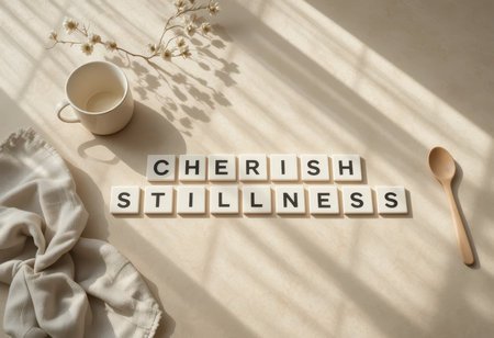 A serene arrangement showcasing the words "Cherish Stillness" with natural elements. Soft light and cozy textures create a tranquil, peaceful atmosphere.の素材