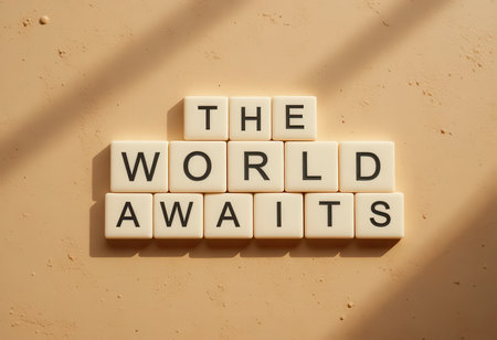 Vibrant and minimalist composition featuring the words "The World Awaits" in bold letters. Perfect for themes of inspiration, travel, and exploration.の素材