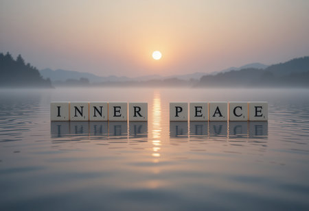 A serene sunrise over calm waters with the phrase "Inner Peace" displayed. This tranquil scene evokes feelings of mindfulness and beauty in nature.の素材