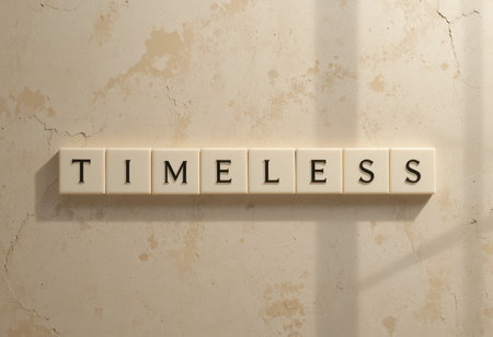 This unique stock photo showcases the word "timeless" crafted from elegant tiles against a minimalist background, highlighting a blend of simplicity and sophistication.の素材
