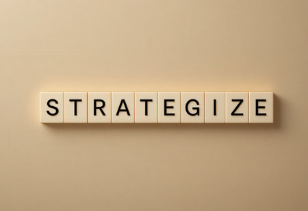 A creative representation of the word "strategize" using wooden blocks on a soft light background, symbolizing planning, teamwork, and innovation in business contexts.の素材