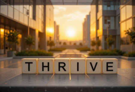 Captivating sunrise view featuring the word 'THRIVE' displayed in blocks, symbolizing growth and success in an urban landscape. A perfect image for motivation.の素材