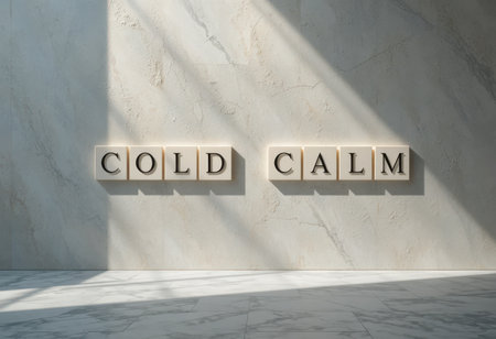 A serene interior showcasing block letters spelling "Cold Calm" against a smooth wall, evoking feelings of tranquility and minimalist elegance in a modern space.の素材