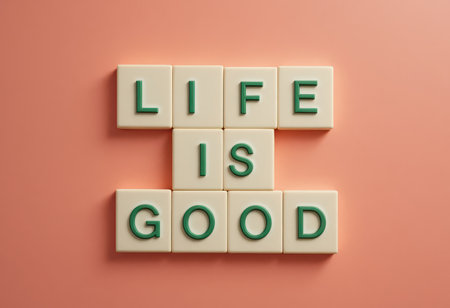 Bright and cheerful arrangement of letters conveying the message 'Life is Good'. Ideal for promoting positivity and inspiration in various creative projects.の素材