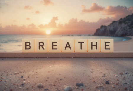 A peaceful beach scene at sunset featuring tiles spelling "Breathe." Let this inspiring image evoke feelings of calm and mindfulness for relaxation.の素材