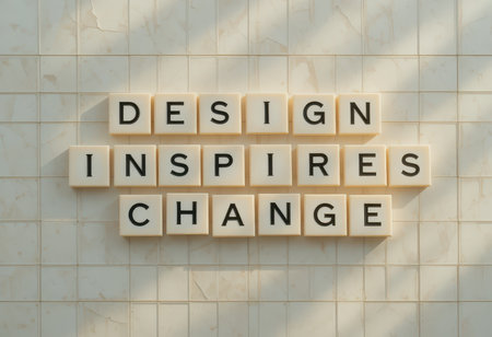 A visually striking arrangement of letters spelling "Design Inspires Change" on a textured background, ideal for conveying creativity and motivation in design-focused projects.の素材