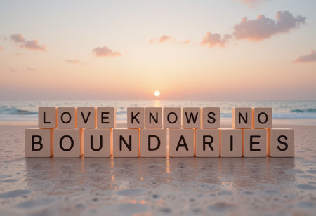 Captivating scene featuring sunset over the ocean with blocks spelling "Love Knows No Boundaries." A serene message of unity, hope, and connection.の素材